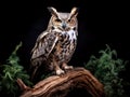 Ai Generated illustration Wildlife Concept of Great Horned Owl Standing on a Tree Log Royalty Free Stock Photo