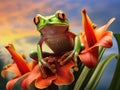 Ai Generated illustration Wildlife Concept of Green tree frog on bird of paradise flower Royalty Free Stock Photo