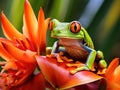 Ai Generated illustration Wildlife Concept of Green tree frog on bird of paradise flower Royalty Free Stock Photo