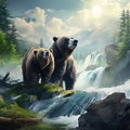 Ai Generated illustration Wildlife Concept of Grizzly bears on waterfall
