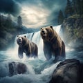 Ai Generated illustration Wildlife Concept of Grizzly bears on waterfall Royalty Free Stock Photo