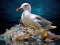 Ai Generated illustration Wildlife Concept of Gull Caught In Plastic Pollution Royalty Free Stock Photo