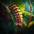 Ai Generated illustration Wildlife Concept of Hanging monarch caterpillar Royalty Free Stock Photo