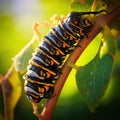 Ai Generated illustration Wildlife Concept of Hanging monarch caterpillar Royalty Free Stock Photo