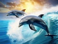Ai Generated illustration Wildlife Concept of Happy playful dolphins jumping on breaking wave