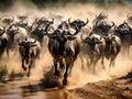 Ai Generated illustration Wildlife Concept of Herd of wildebeest migrating in Serengeti Royalty Free Stock Photo