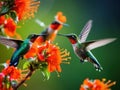 Ai Generated illustration Wildlife Concept of Humming birds feeding Royalty Free Stock Photo