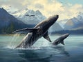 Ai Generated illustration Wildlife Concept of 3 Humpback whale tails Royalty Free Stock Photo