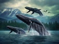 Ai Generated illustration Wildlife Concept of 3 Humpback whale tails Royalty Free Stock Photo