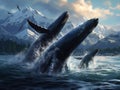 Ai Generated illustration Wildlife Concept of 3 Humpback whale tails Royalty Free Stock Photo