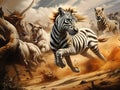 Ai Generated illustration Wildlife Concept of Lion hunting Zebra