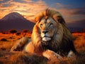 Ai Generated illustration Wildlife Concept of Lion lying in grass. Sunset over Mount Kilimanjaro