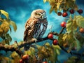 Ai Generated illustration Wildlife Concept of Little Owl in an apple tree Royalty Free Stock Photo