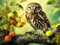 Ai Generated illustration Wildlife Concept of Little Owl in an apple tree Royalty Free Stock Photo