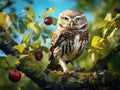 Ai Generated illustration Wildlife Concept of Little Owl in an apple tree Royalty Free Stock Photo