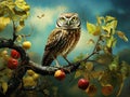 Ai Generated illustration Wildlife Concept of Little Owl in an apple tree Royalty Free Stock Photo