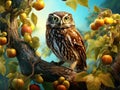 Ai Generated illustration Wildlife Concept of Little Owl in an apple tree Royalty Free Stock Photo