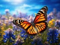 Ai Generated illustration Wildlife Concept of Monarch butterfly on Texas Bluebonnet flower Royalty Free Stock Photo