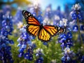 Ai Generated illustration Wildlife Concept of Monarch butterfly on Texas Bluebonnet flower Royalty Free Stock Photo