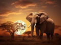 Ai Generated illustration Wildlife Concept of Moon rising over African Wildlife - Elephant Royalty Free Stock Photo