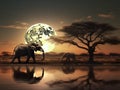 Ai Generated illustration Wildlife Concept of Moon rising over African Wildlife - Elephant Royalty Free Stock Photo
