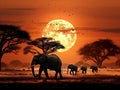 Ai Generated illustration Wildlife Concept of Moon rising over African Wildlife - Elephant Royalty Free Stock Photo