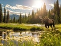 Ai Generated illustration Wildlife Concept of Moose cow on meadow Royalty Free Stock Photo