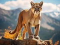 Ai Generated illustration Wildlife Concept of Mountain Lion standing on rock Royalty Free Stock Photo