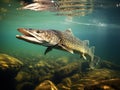 Ai Generated illustration Wildlife Concept of The Northern Pike - Esox Lucius underwater. Royalty Free Stock Photo