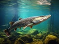 Ai Generated illustration Wildlife Concept of The Northern Pike - Esox Lucius underwater. Royalty Free Stock Photo