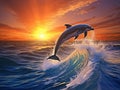 Ai Generated illustration Wildlife Concept of Pack of jumping dolphins Royalty Free Stock Photo