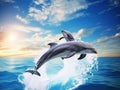 Ai Generated illustration Wildlife Concept of Pack of jumping dolphins Royalty Free Stock Photo