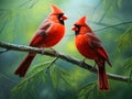 Ai Generated illustration Wildlife Concept of Pair of Northern Cardinals Royalty Free Stock Photo