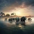 Ai Generated illustration Wildlife Concept of Panorama of elephant herd in water