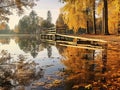 Ai Generated illustration Wildlife Concept of Panoramic reflection on the pond with duck