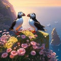 Ai Generated illustration Wildlife Concept of Puffins on the Clifftop Royalty Free Stock Photo