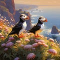 Ai Generated illustration Wildlife Concept of Puffins on the Clifftop Royalty Free Stock Photo