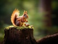 Ai Generated illustration Wildlife Concept of Red Squirrel on a Tree Stump Royalty Free Stock Photo