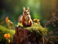 Ai Generated illustration Wildlife Concept of Red Squirrel on a Tree Stump Royalty Free Stock Photo