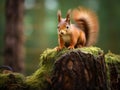 Ai Generated illustration Wildlife Concept of Red Squirrel on a Tree Stump Royalty Free Stock Photo