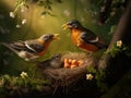 Ai Generated illustration Wildlife Concept of Robins feed their