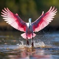 Ai Generated illustration Wildlife Concept of Roseate Spoonbill landing in a marsh - Florida Royalty Free Stock Photo