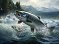 Ai Generated illustration Wildlife Concept of Salmon fish jumping out of water Royalty Free Stock Photo