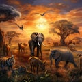 Ai Generated illustration Wildlife Concept of Savanna predators and prey wild animals Royalty Free Stock Photo