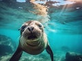 Ai Generated illustration Wildlife Concept of Sea lion underwater looking at you Royalty Free Stock Photo