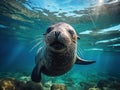 Ai Generated illustration Wildlife Concept of Sea lion underwater looking at you Royalty Free Stock Photo