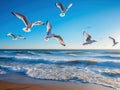 Ai Generated illustration Wildlife Concept of Seagulls Flying at Beach