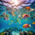 Ai Generated illustration Wildlife Concept of Shoal of colorful tropical fish in Belize