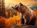 Ai Generated illustration Wildlife Concept of Side view of a brown bear in a forest in fall season Royalty Free Stock Photo