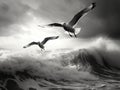 Ai Generated illustration Wildlife Concept of Silver gulls over stormy sea Royalty Free Stock Photo